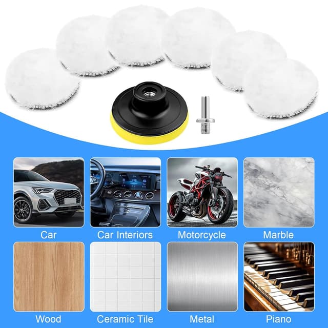 Detalle de JOYSAL kit lucidatura auto 8 pezzi per trapano: tamponi in lana da 80 mm con adattatore M10