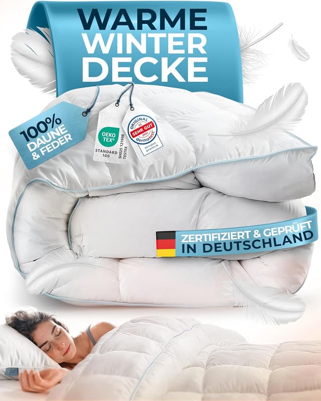 Detalle de Glückstoff® Winterdecke aus Federn und Daunen 155x220 cm – extra warme, waschbare Daunendecke für Allergiker