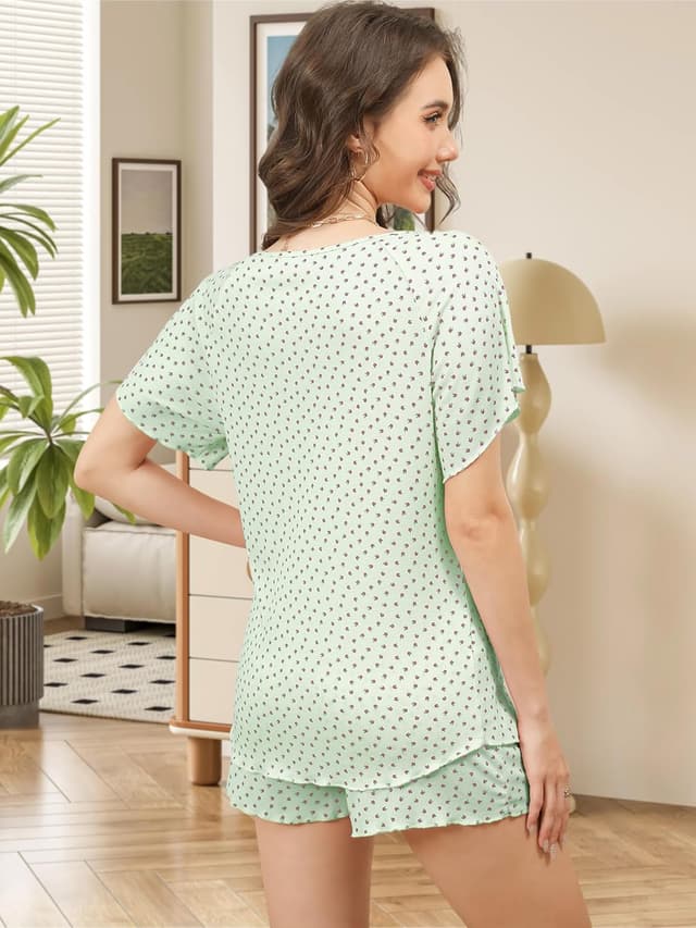 Detalle de Reliwel Damen-Schlafanzug Kurzarm mit Knopfleiste aus Baumwolle – V-Ausschnitt Shorty-Set mit Taschen