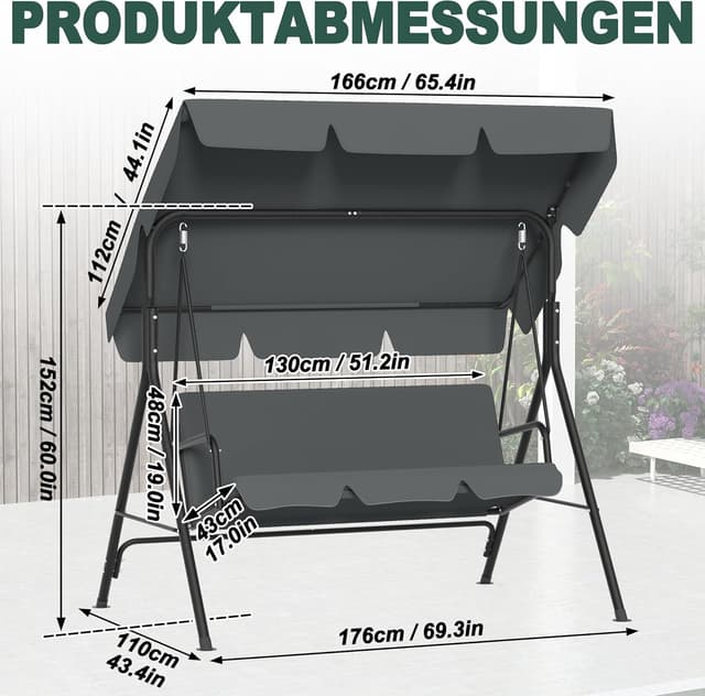 Detalle de UISEBRT Hollywoodschaukel für 3 Personen mit verstellbarem Sonnendach – belastbar bis 200 kg, wetterfest (Grau)