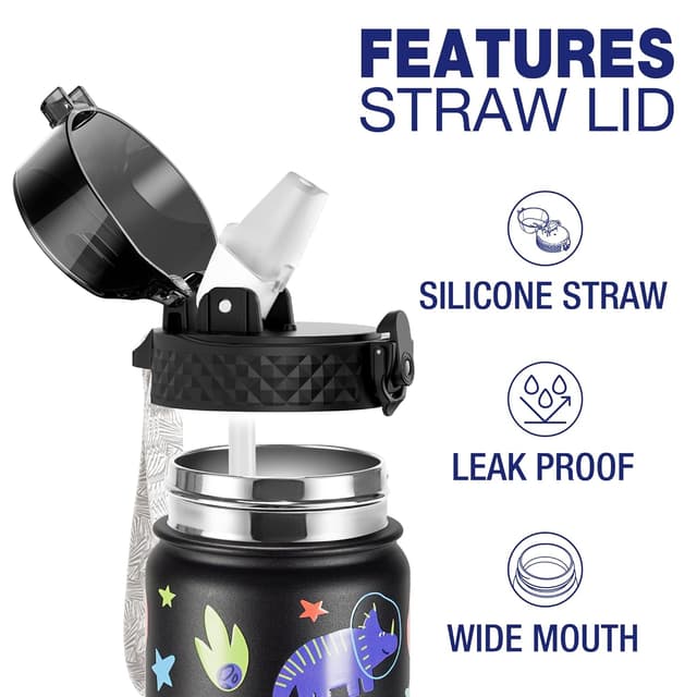 Detalle de GOPPUS Kinder Trinkflasche aus Edelstahl 550 ml mit Strohhalm und Flip-Top-Deckel (18 oz), auslaufsicher