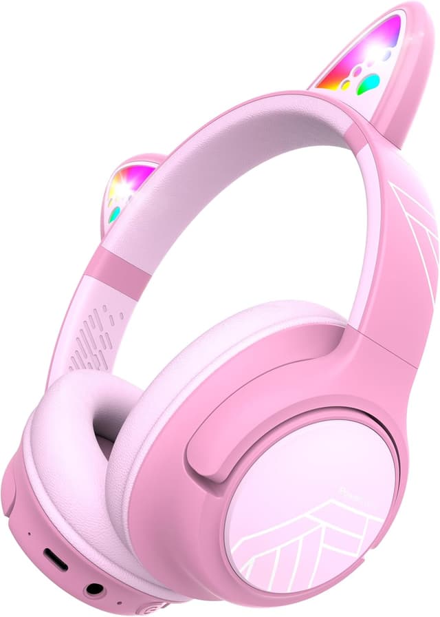 Detalle de PowerLocus Bluetooth Kinderkopfhörer Over Ear mit Lautstärkebegrenzung (74/85/94 dB), LED & Mikrofon, faltbar (Lila/Rosa)