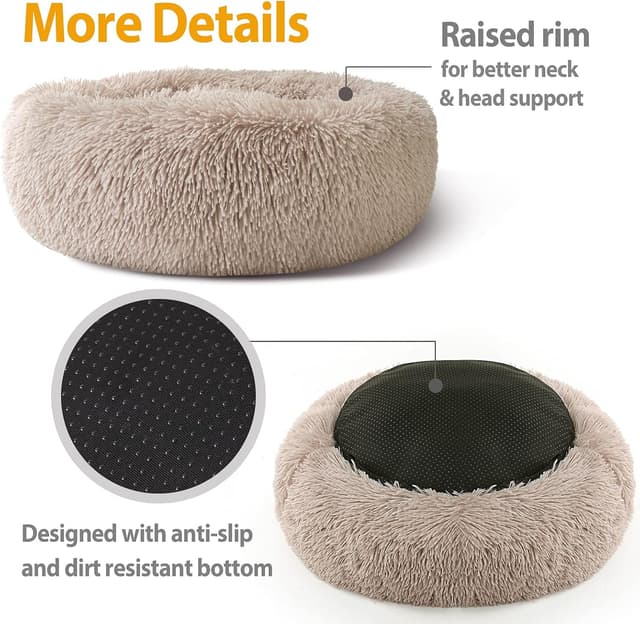 Detalle de Enjamoy Plush Donut Dog Bed (Calming Round) – Soft & Fluffy Self-Warming Pet Cushion, Brown, 70cm