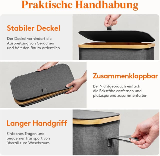 Detalle de Lifewit 50L schmaler Wäschekorb mit Deckel aus Bambus & Oxford-Gewebe – faltbar, mit Tragegriff, Schwarz