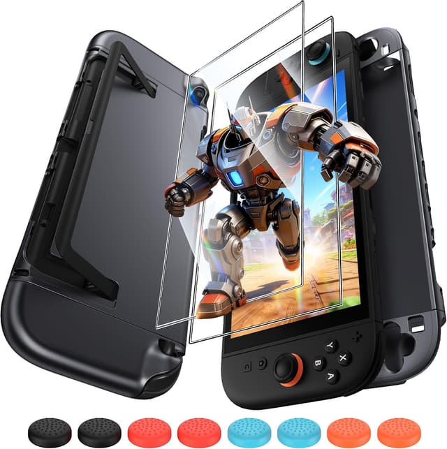 Detalle de FYOUNG Protective Case for Nintendo Switch 2 (2025) – slim hard shell with screen protectors & 8 thumb grips