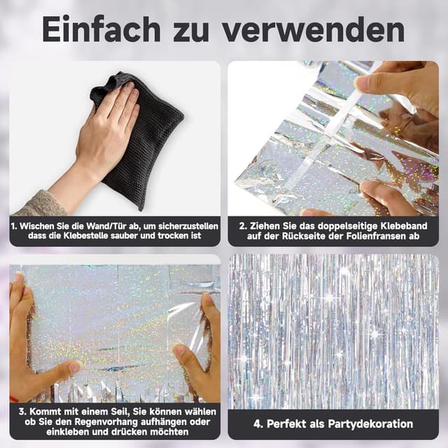 Detalle de jijAcraft Lametta Vorhang Silber Glitzer – Metallic Party Deko, 2 Stück (1 m x 2,5 m)