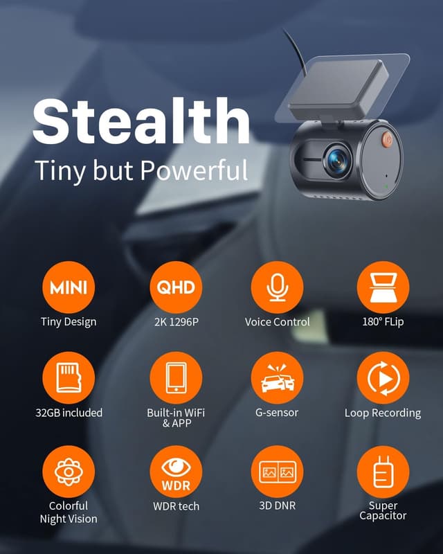 Detalle 2 de KAWA 2K Tiny Dash Cam 1296P with 32GB card