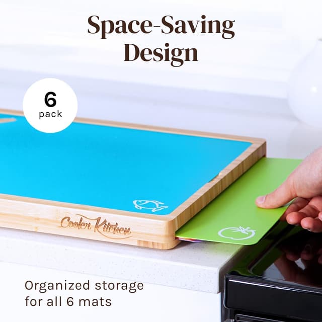 Detalle de Cooler Kitchen Bamboo Cutting Board Set with 6 Color-Coded Flexible Mats, Holder, BPA-Free (Dishwasher Safe)