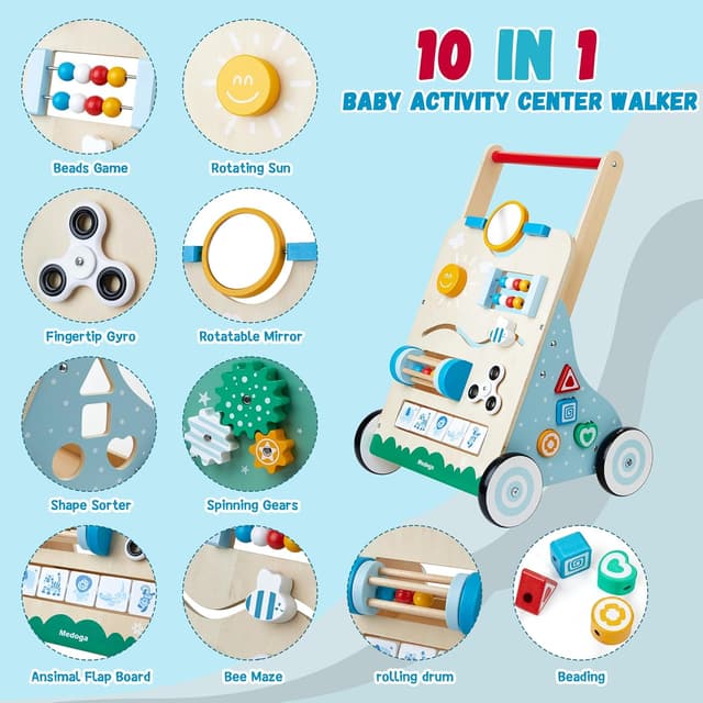 Detalle 2 de Holz-Lauflernwagen 10‑in‑1 mit Activity Center und gummierten Holzrädern für Baby-Laufhilfe