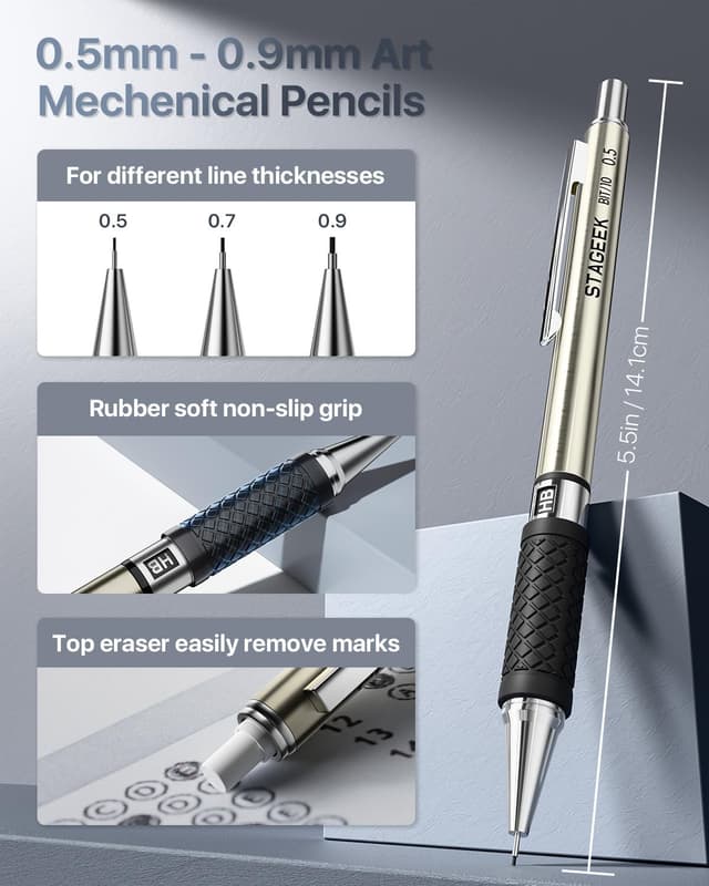 Detalle de STAGEEK 30-teiliges Druckbleistift-Set mit Metallstiften, LEDertasche und Minen 0,5/0,7/0,9/2,0 mm
