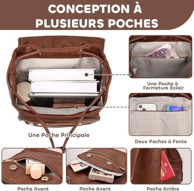 Detalle de Leathario Petit sac à dos femme en cuir vegan antivol léger