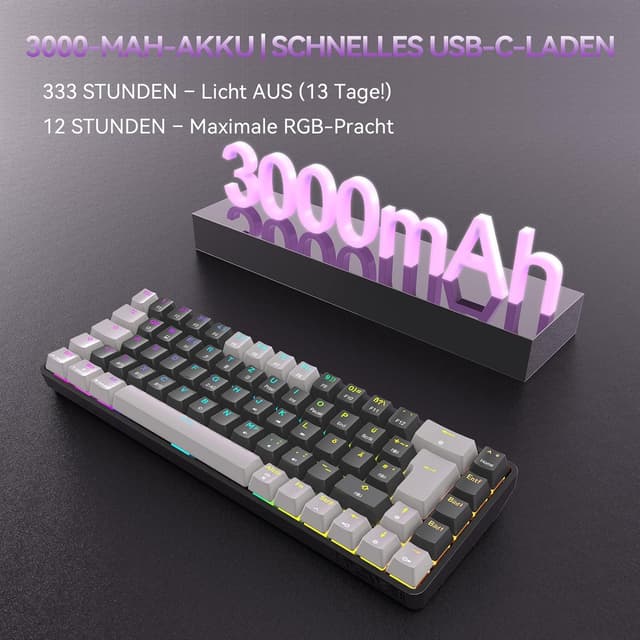 Detalle 2 de TMKB T68 Gaming-Tastatur (68 Tasten, kabellos) mit Bluetooth/2.4G/Typ-C und Anti-Ghosting – QWERTZ, blau