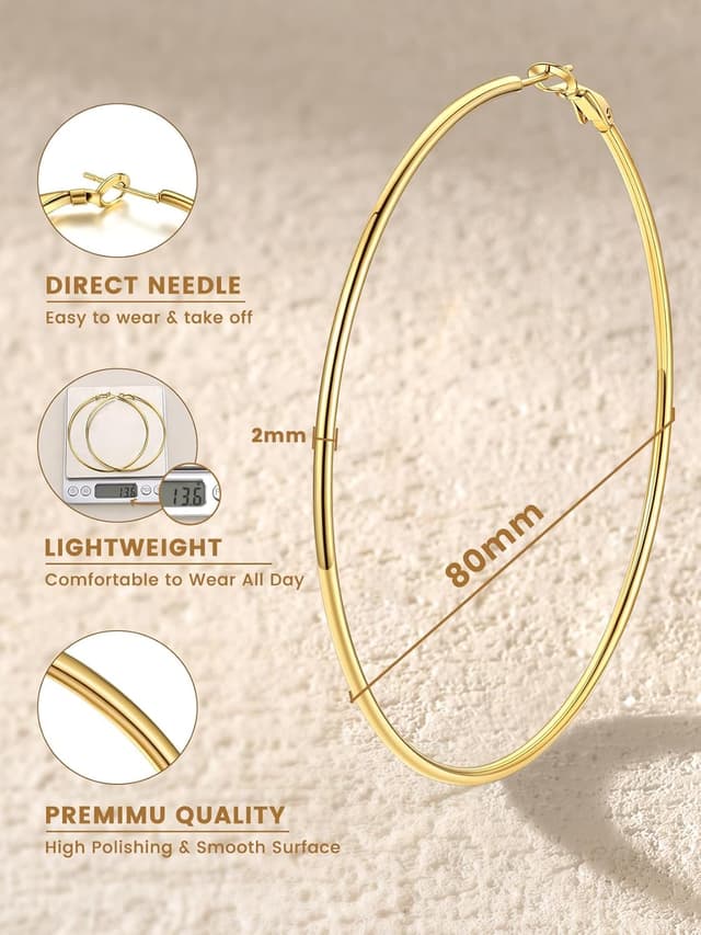 Detalle de GoldChic Créole femme en acier inoxydable plaqué or jaune – grand anneau (diamètres 30/50/70/100 mm)