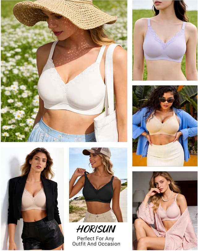 Detalle 2 de HORISUN Wireless No Underwire Bra for Women (V-Neck Lace Trim Jelly Support) – Convertible U-Back & Racerback