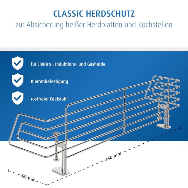 Detalle de reer CLASSIC Herdschutzgitter aus Edelstahl (65 cm) – stabile Kindersicherung für Ceran & Induktion