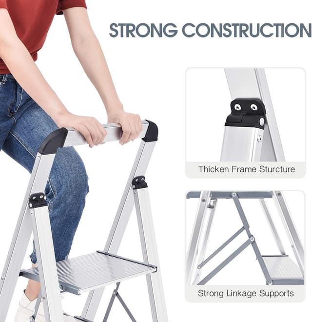 Detalle de KINGRACK Aluminium-Leiter mit 2 Stufen, klappbar inkl. Handlauf (bis 150 kg, silber)