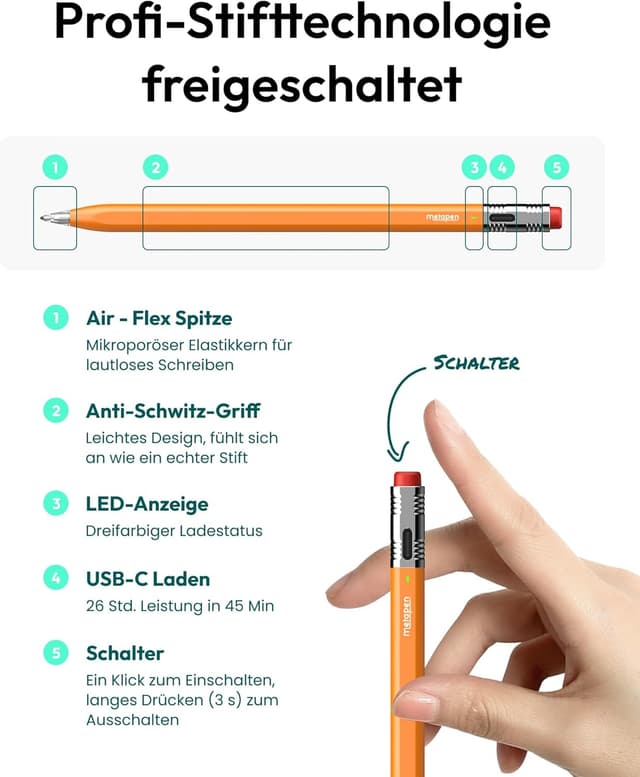 Detalle de Metapen Air8 Pro X Stift für iPad (2018–2026) – 26h Akkulaufzeit, Air-Flex Soft-Tip, leise & präzise