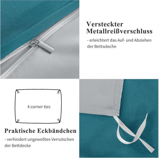Detalle 2 de Aisbo Bettwäsche 135x200 4-teilig Türkis Grau (Wendebettwäsche, ÖKO‑TEX, Mikrofaser)