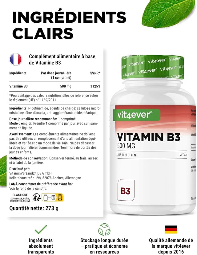 Detalle de Vit4ever Vitamine B3 (Niacine) 500 mg – Nicotinamide flush-free – 365 comprimés