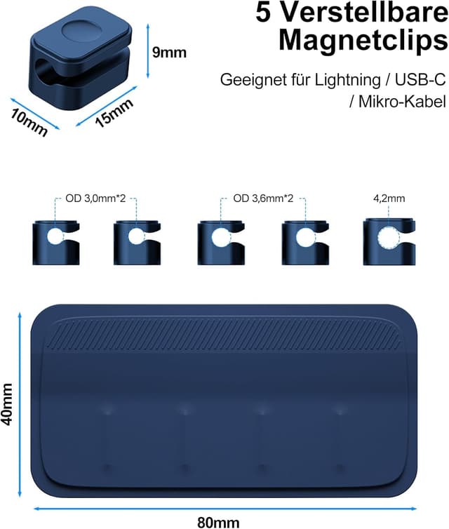 Detalle de Magnetischer Kabelhalter mit 5 variablen Magnetclips für Lightning, USB-C & Mikro-Kabel – universeller Kabelmanager (Blau)
