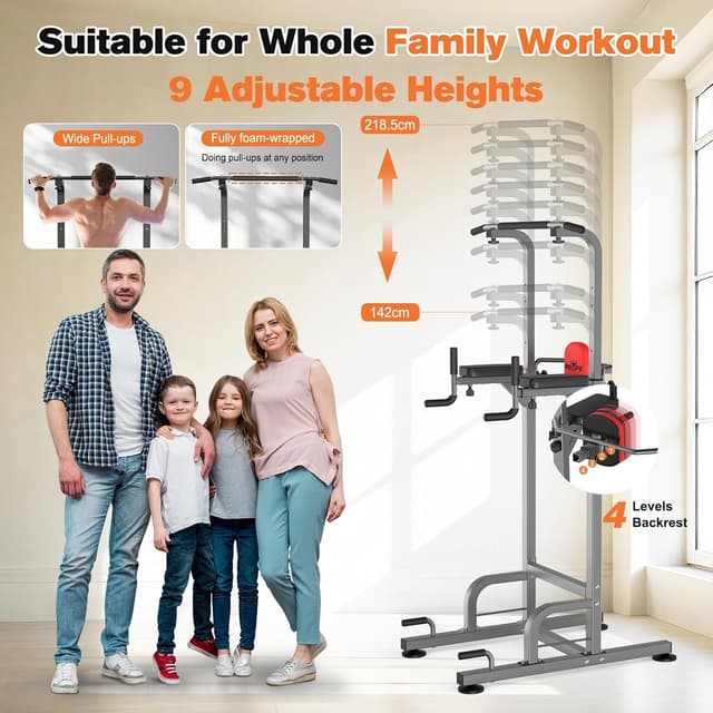 Detalle de RELIFE REBUILD YOUR LIFE Power Tower Klimmzüge & Dips – höhenverstellbare Multifunktions-Kraftstation (Grau) bis 180 kg