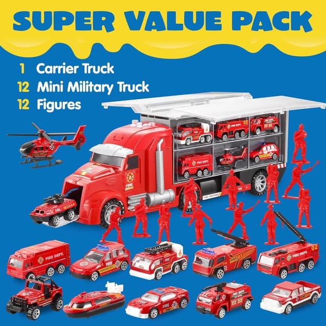 Detalle 2 de JOYIN 25 in 1 Fire Engine Truck Vehicle Toy Set with carrier truck, sounds & lights