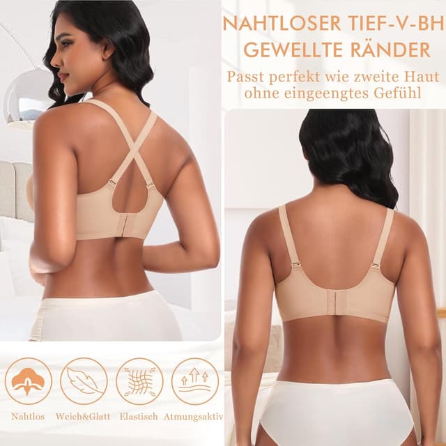 Detalle de Ganado Damen nahtloser BH ohne Bügel mit tiefem V-Ausschnitt – bequemes Bralette Soft Bustier
