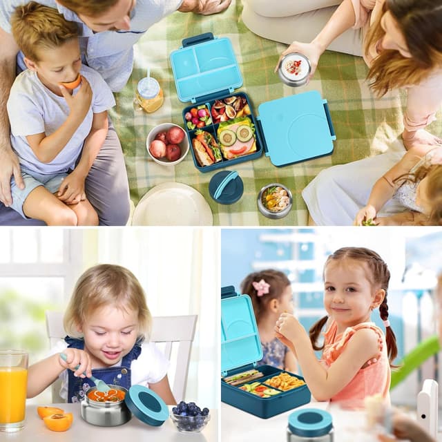 Thumbnail 6 de Kids Bento Lunch Box Set with 8oz Soup Thermo, Leak-Proof 4-Compartment Containers & Insulated Lunch Bag (Blue)