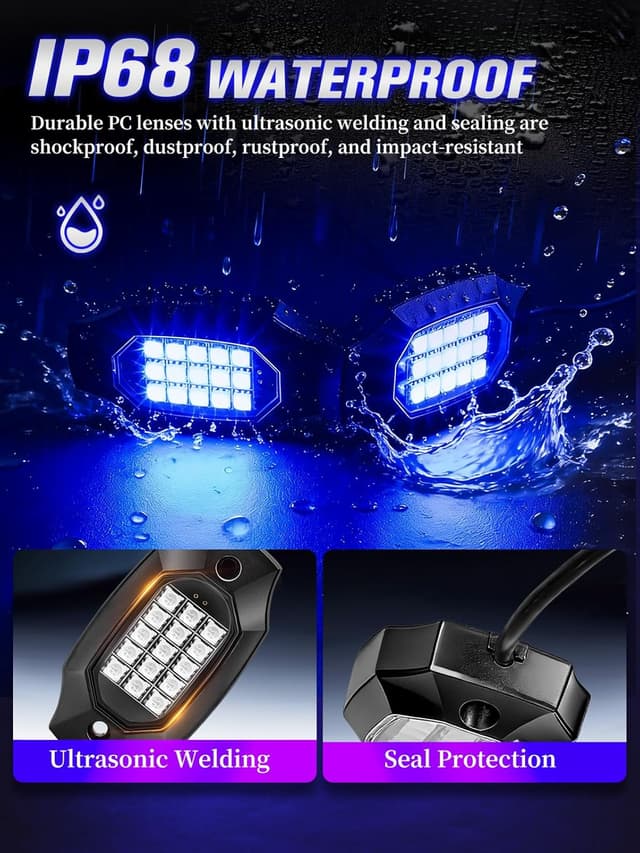 Detalle 2 de 8-Pod RGB LED Rock Lights Kit (APP/RF Remote) for 12V Trucks, Jeeps, UTVs, RZR & More