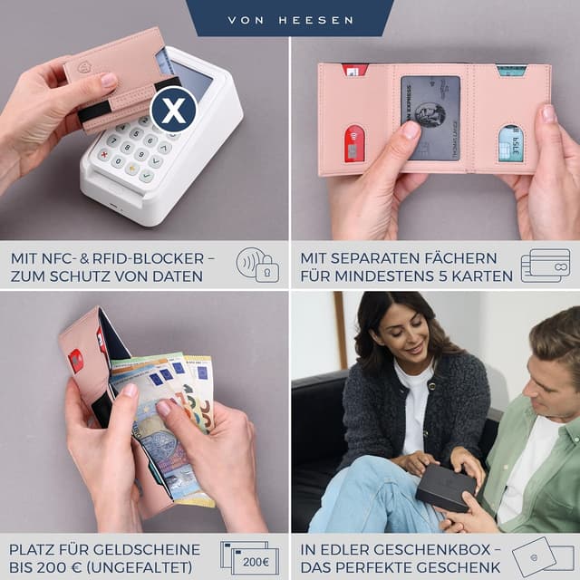 Detalle 2 de VON HEESEN Slim Wallet mit Münzfach & RFID-Schutz – Leder-Geldbeutel im Kartenformat