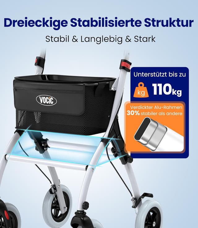 Detalle de VOCIC Z32 Lite Rollator schmal für die Wohnung – faltbar & leicht, Indoor-Rollator mit leisen PU-Reifen