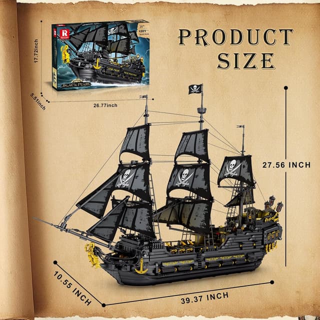 Detalle de Reobrix 66036 Nave Pirata Black Pearl Perla Nera con luci LED, set di costruzione in mattoncini (14+)