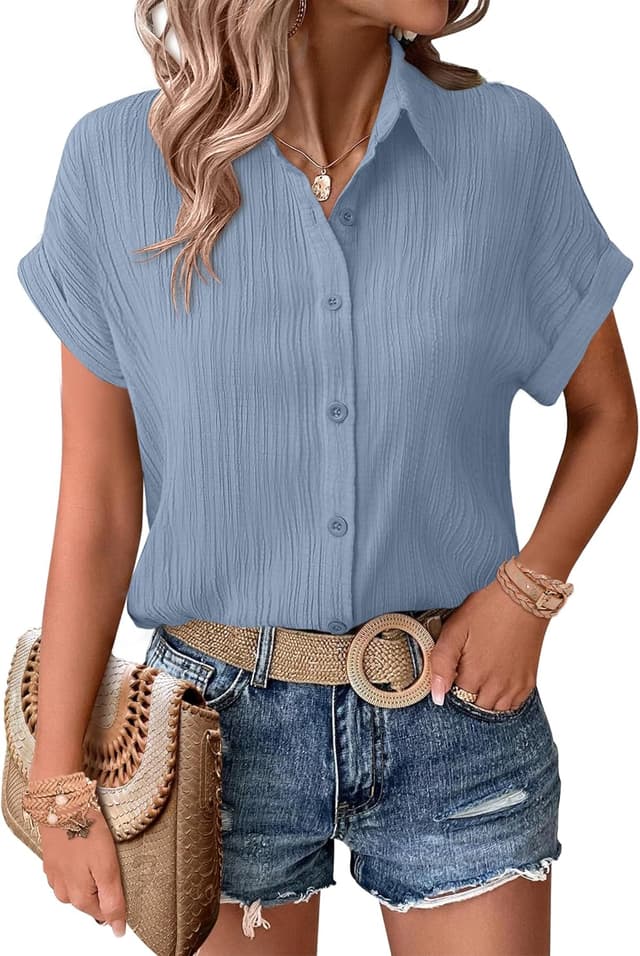 Detalle de Zeagoo chemise boutonnée femme à manches courtes et col en V, coupe ample