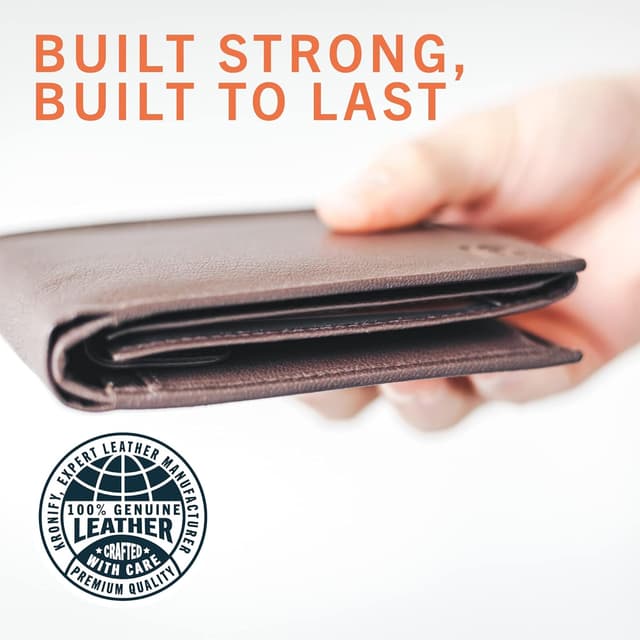 Detalle de KRONIFY Portafoglio da uomo in vera pelle marrone scuro naturale con protezione RFID, formato orizzontale e 13 scomparti carte