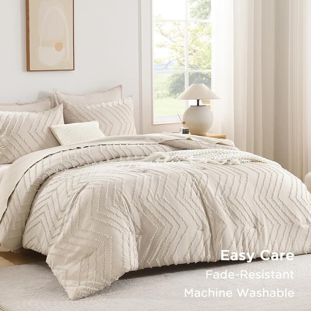 Detalle de Andency Queen Comforter Set Beige (Queen Size, 3-Piece Boho/Cream Neutral Bedding)