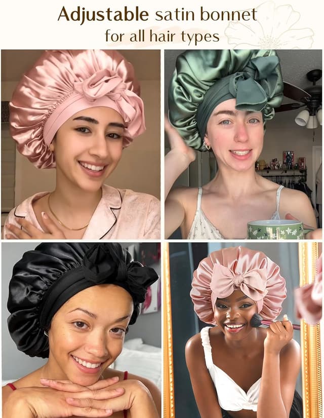 Detalle de YANIBEST Double Layer Satin Lined Silk Bonnet with Tie Band for Sleeping (Curly Hair)