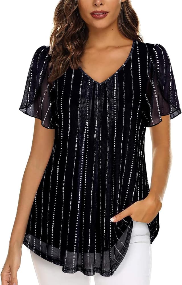 Thumbnail 6 de ACDAY V-neck ruffle short sleeve chiffon-style blouse with double-layer mesh tunic design for women