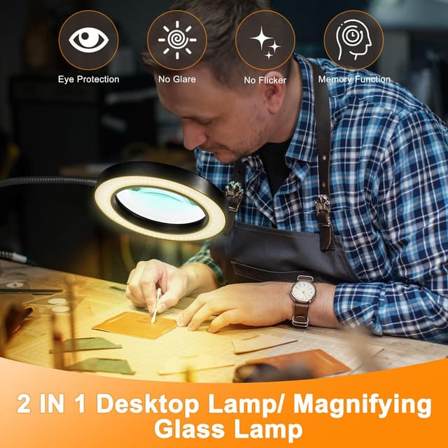 Detalle 2 de 20X/10X Dual-lens Magnifying Glass with Light and Timer (2 in 1) – 3 colour modes desk lamp for close-up craft work