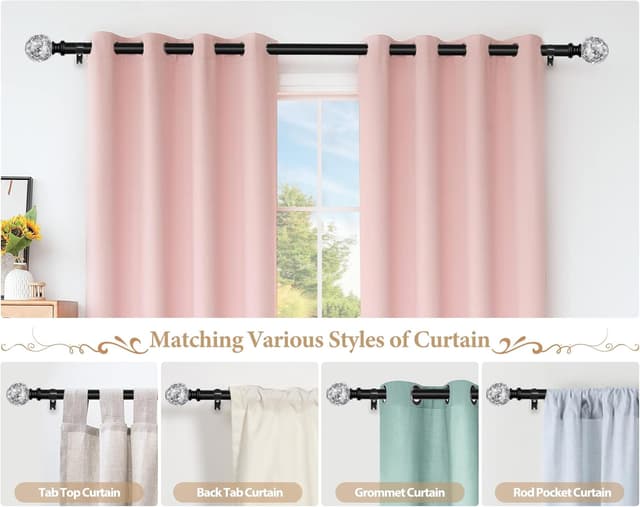 Detalle de KAMANINA Black Curtain Pole (80 to 218 cm) for eyelet curtains, extendable with round translucent finials