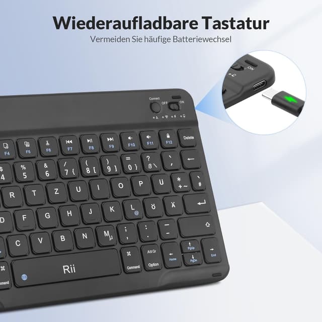 Detalle de Rii Bluetooth Tastatur für Tablet – ultradünne Slim-Tastatur mit Scissor-Mechanik, QWERTZ, wiederaufladbar (schwarz)