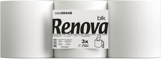 Thumbnail 1 de Renova Bobinas Secamanos BLK 🧻 3 x 180m Papel Blanco 2 Capas