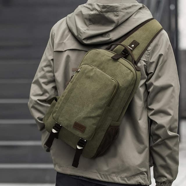 Detalle de S-ZONE Homme sac à dos sling / sac de poitrine 13 pouces, 5L en toile et cuir PU