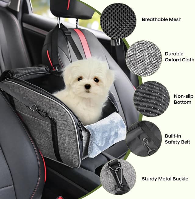 Detalle de Petzauber Hundeautositz für kleine Hunde (Mittelkonsole) – doppelter Sicherheitsgurt, rutschfester Unterseite, waschbares Kissen, grau