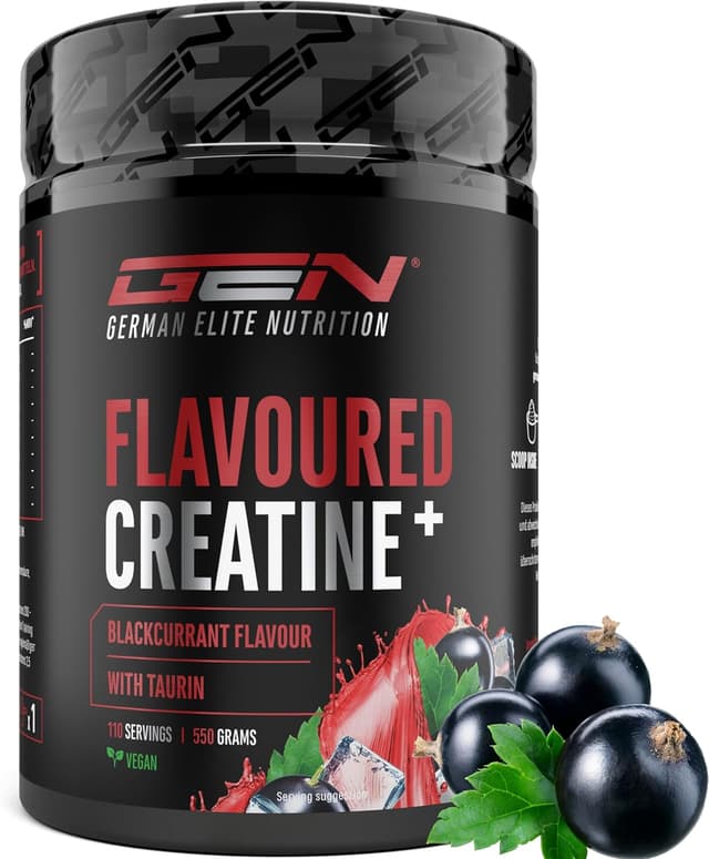 Detalle de GEN German Elite Nutrition Flavoured Creatine Pulver (550 g) – Kreatinmonohydrat mit L-Taurin, schwarzbeeren, zuckerfrei
