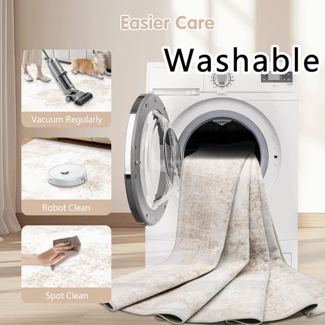 Detalle de Vintage 8x10 Washable Area Rug (Beige) – Soft Low Pile, Non-Slip Backing