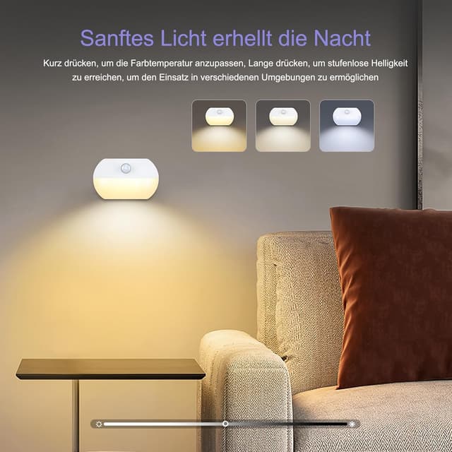 Detalle de OQIMAX Nachtlicht mit Bewegungsmelder – 2er-Set, 3 Modi (AUTO/OFF/ON) & 3 Farbtemperaturen