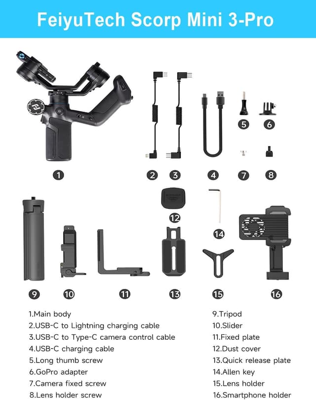 Thumbnail 6 de FeiyuTech SCORP Mini-3-Pro 4-en-1 cardan stabilisateur (3 axes) avec IA intégrée et poignée détachable, charge utile 2 kg