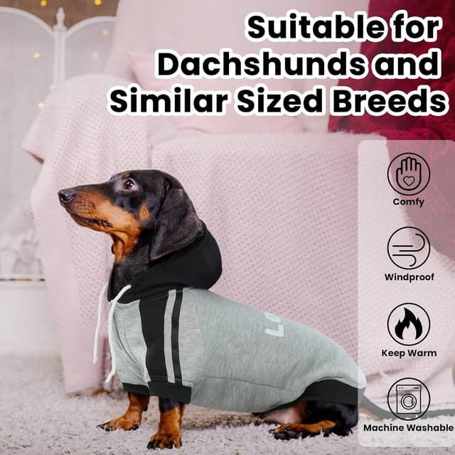 Detalle 2 de LeLePet Dachshund Hoodie Grey L – warm cotton fleece dog sweatshirt with hoodie and lead hole