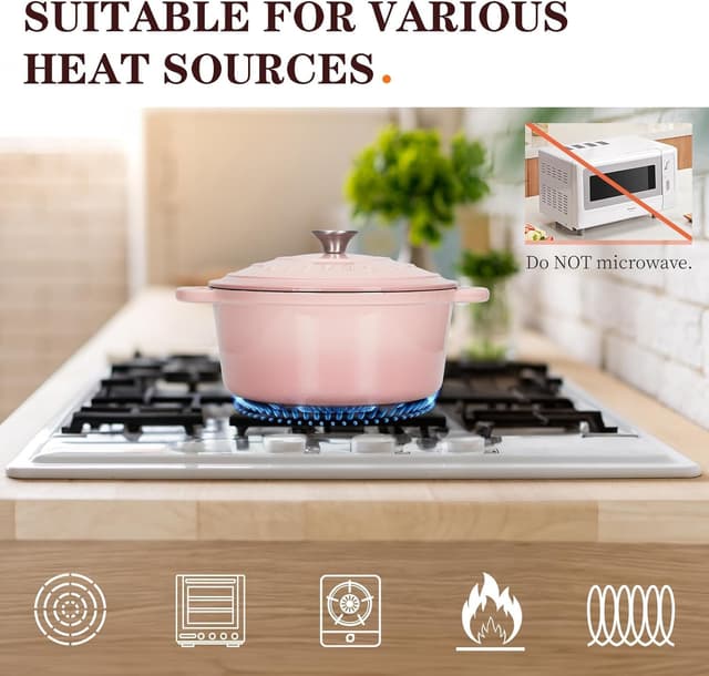 Thumbnail 6 de Overmont 26cm/5.2L Enamelled Cast Iron Round Casserole Pot with Lid (Pink) — Lid, Cookbook & Cotton Potholders