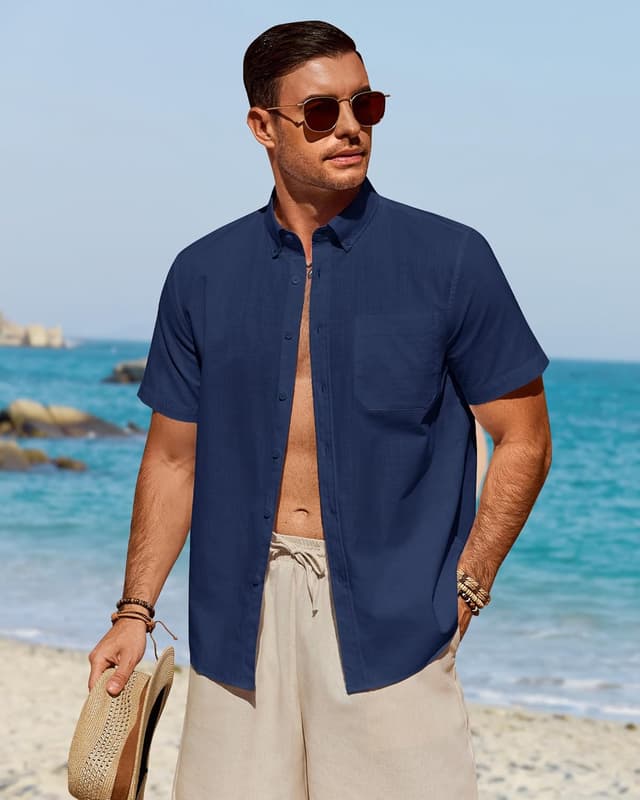 Detalle 2 de J.VER Leinenhemd Herren Kurzarm – Regular Fit Button-Down mit Brusttasche für Sommer & Freizeit